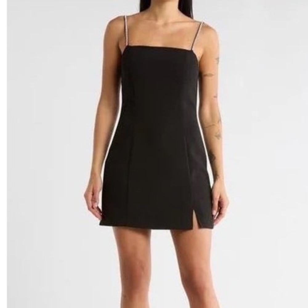 ASTR the Label Black Rhinestone Strap Mini Dress Square‎ Neck Side Slit  o3